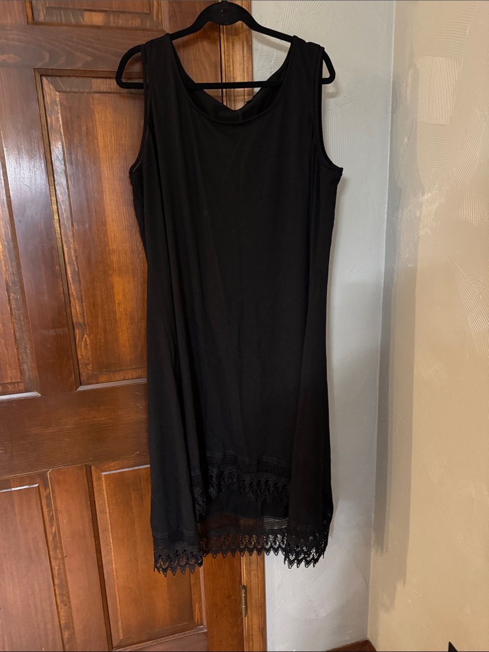 Nina Leonard Black Sleeveless Shift Dress with Lace Trim